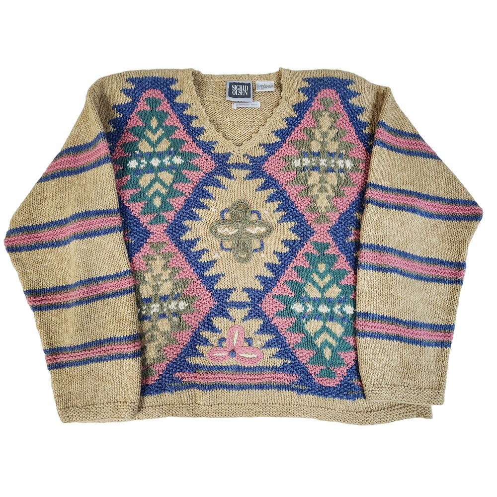 Vintage Sigrid Olsen Sweater L Hand Knit Diamond Cotton Ramie Grandma Y2K #1767